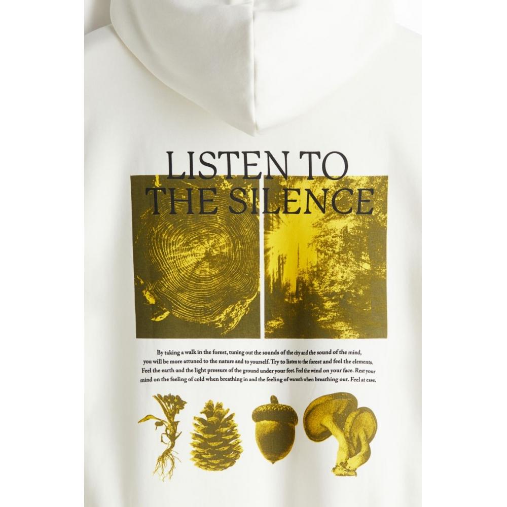 H M Loose Fit Print Hoodie wHite Silence