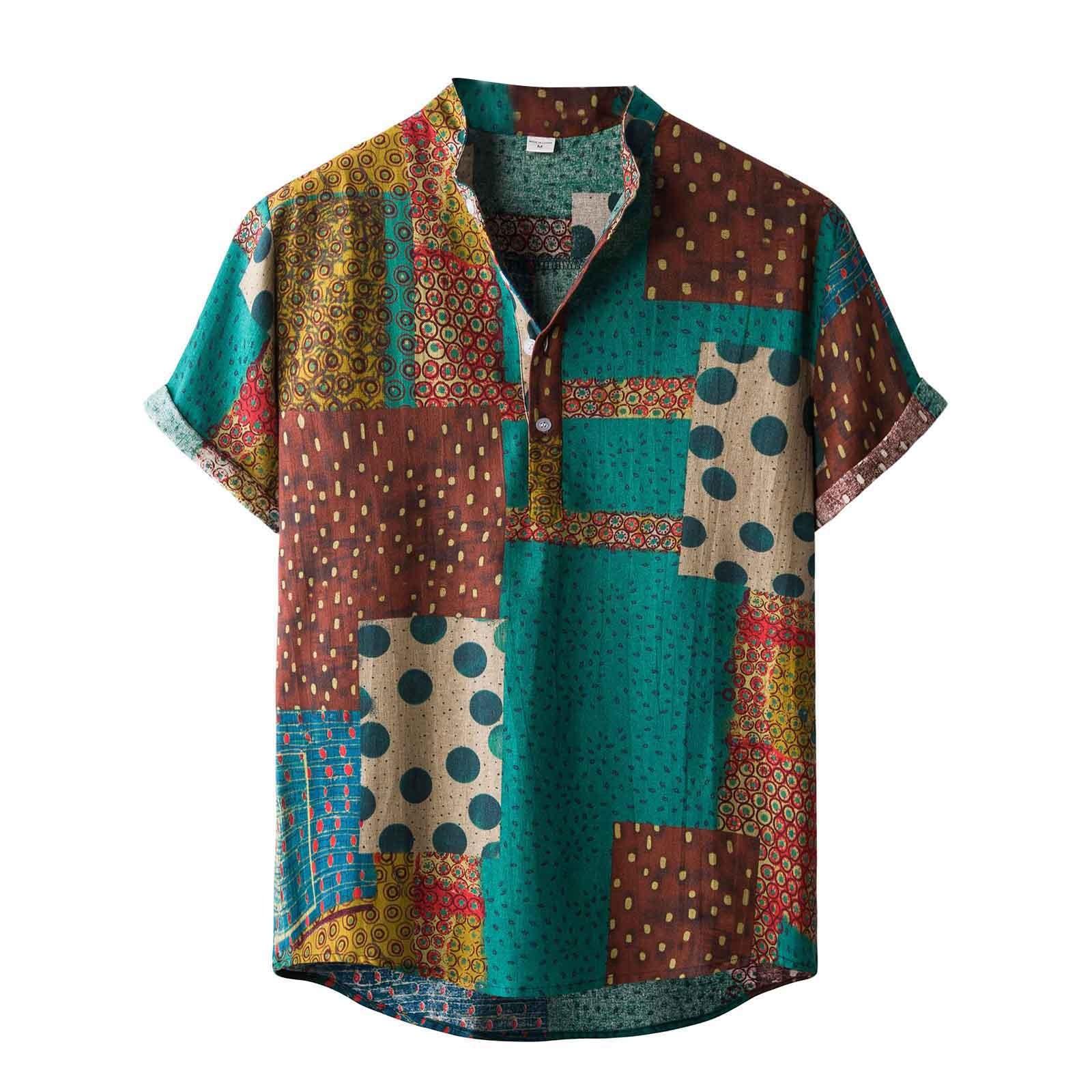 

(SU)Мужская льняная этническая рубашка с коротким рукавом и повседневным принтом в гавайском стиле, блузка, футболка L зелёный