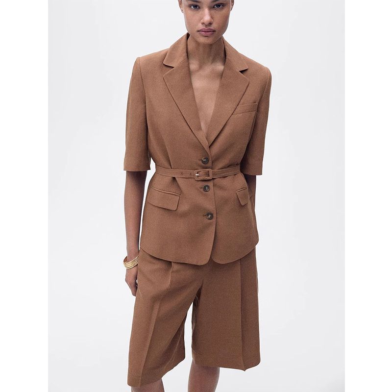 Lapel Half Sleeve Shoelace Suit Outwear 87057896 Mid Waist Pleated Straight Shorts 87067896