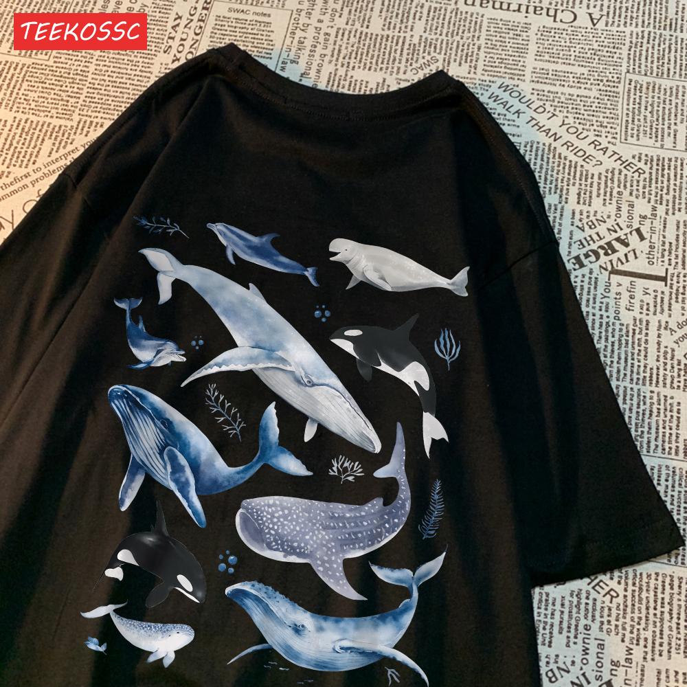 Fashion Cotton WomenS TShirts Ocean And Whales Printing Tops Oversize ONeck Soft Short Sleeve Summer Casual Female Clothes