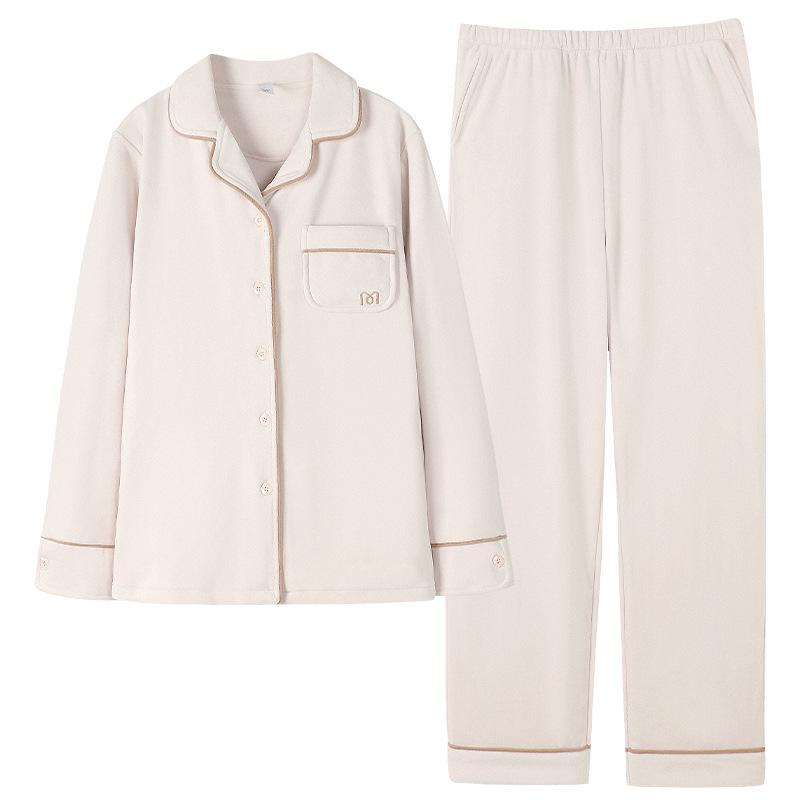 

Women s Sea Island Cotton Pajamas: Long Sleeve Cardigan, Fleece-Lined, Thickened Warm Coral Fleece, Autumn/Winter Homewear Set. L
