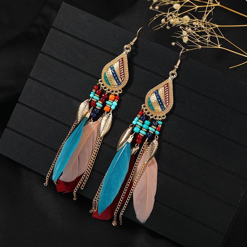 Retro Feather Fringed Earrings Women's Niche Personality Bohemian Blue Long Yunnan Travel Photography Earrings