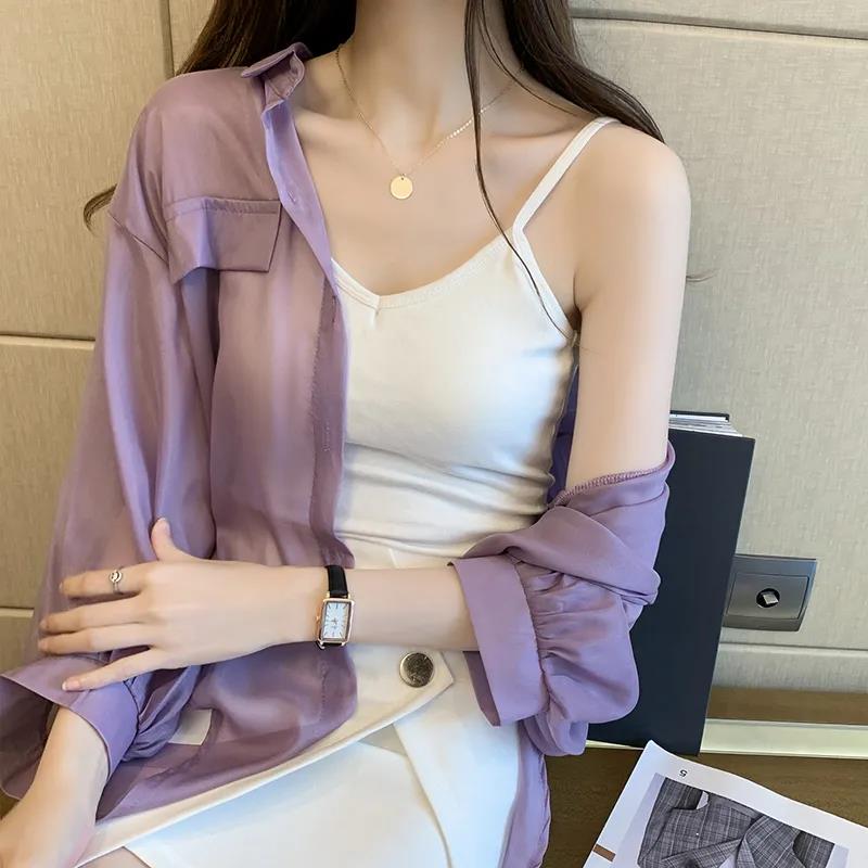 Polo Collar Thin Chiffon Shirt Single Breasted Cardigan Women's Loose Sun Protection Clothing Solid Color Simple Casual Summer