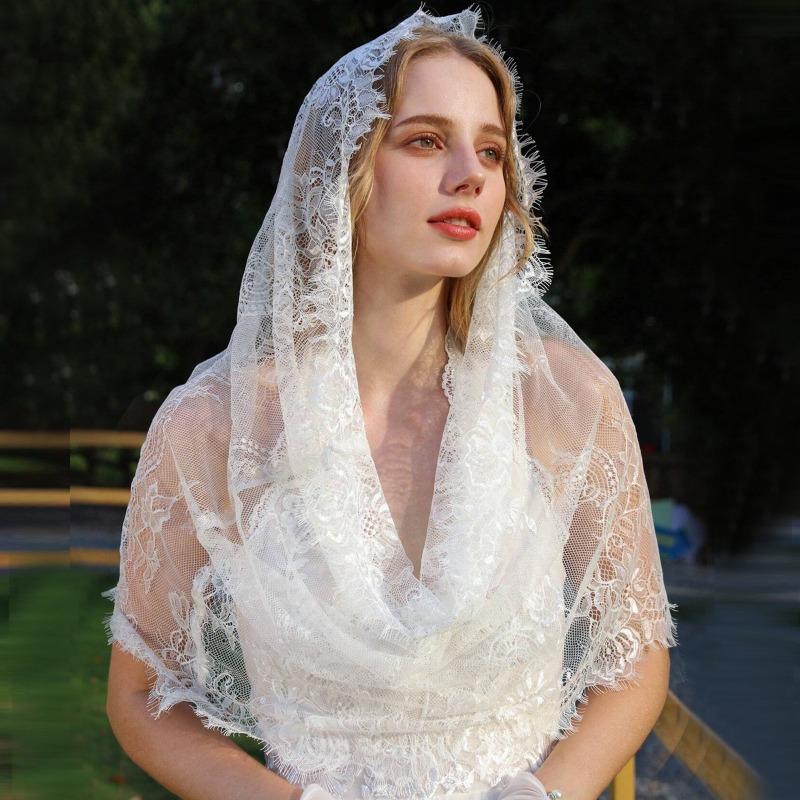 1pc Bride Lace Trim Covering Veil, Hollow Shoulder Scarf Fall Clothes for Women