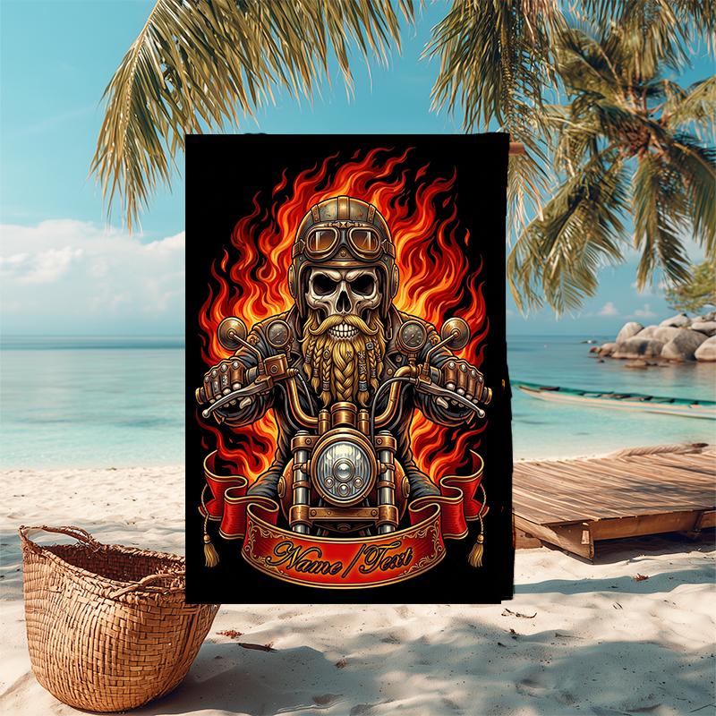 1PC Custom Name Biker Spirit Flames Beach Towel Highly Absorbent And Sand-Resistant Towel for Swimming, Pool, Yoga, And Travel Lightweight
