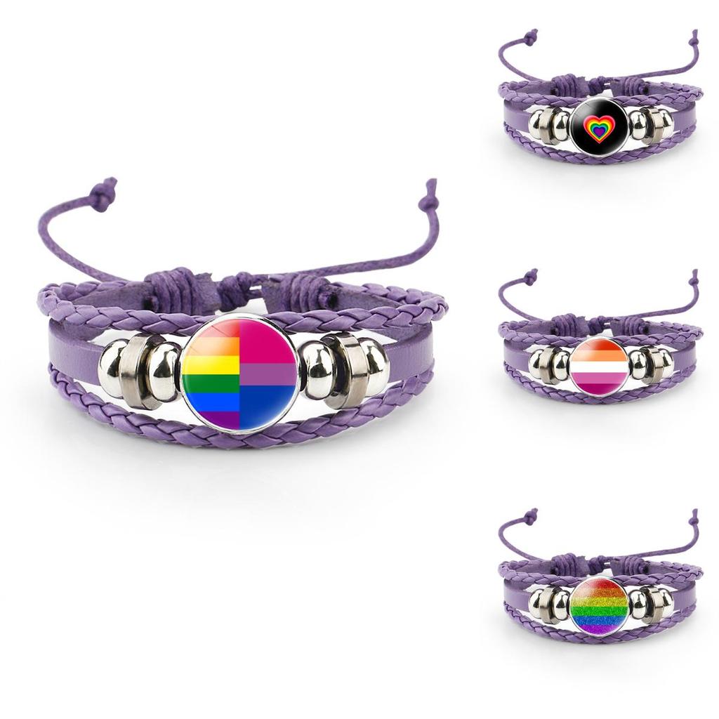Unique Purple Leather Bracelet With Rainbow Flag Time Gemstone For Men And Women