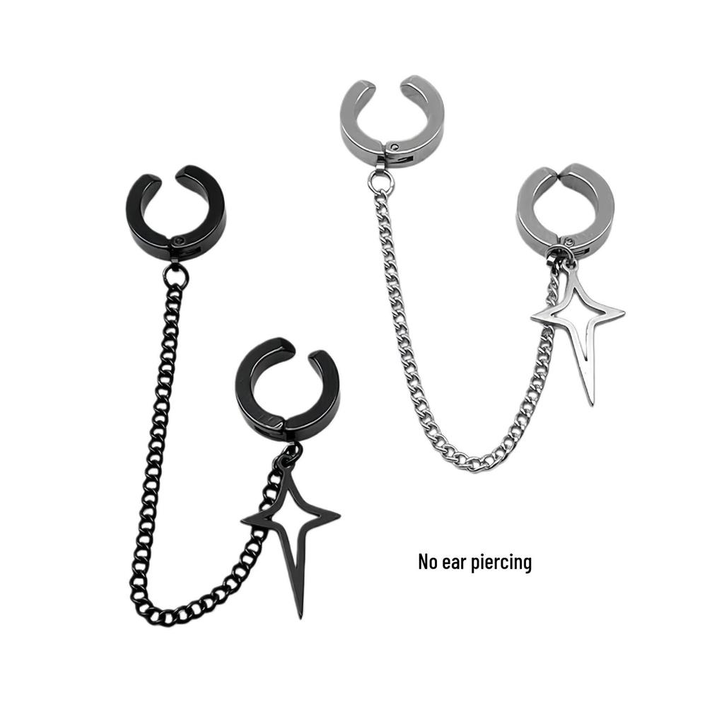 Boys' Star Ear Cuff: Stylish No-Piercing Black Chain with Four-Pointed Star Design, Cool Earring for Women.