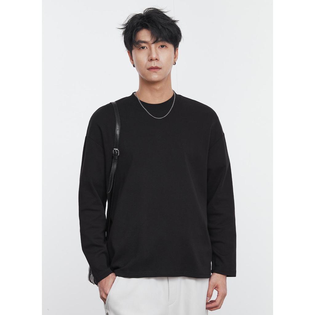 Yizhi Men's Spring Long Sleeve Crew Neck T-shirt with Hem Slit Design, Korean Style, Loose Fit