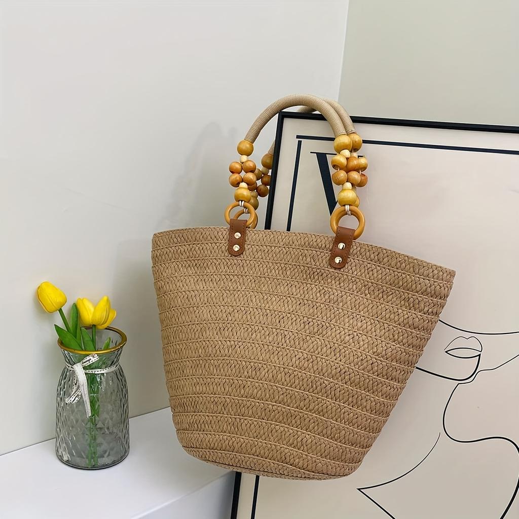 Women's Tote Bag Vacation Style Beaded Decoration Large Capacity Straw Weaving Tote Bag Suitable for Holiday Travel, Shopping and Walking