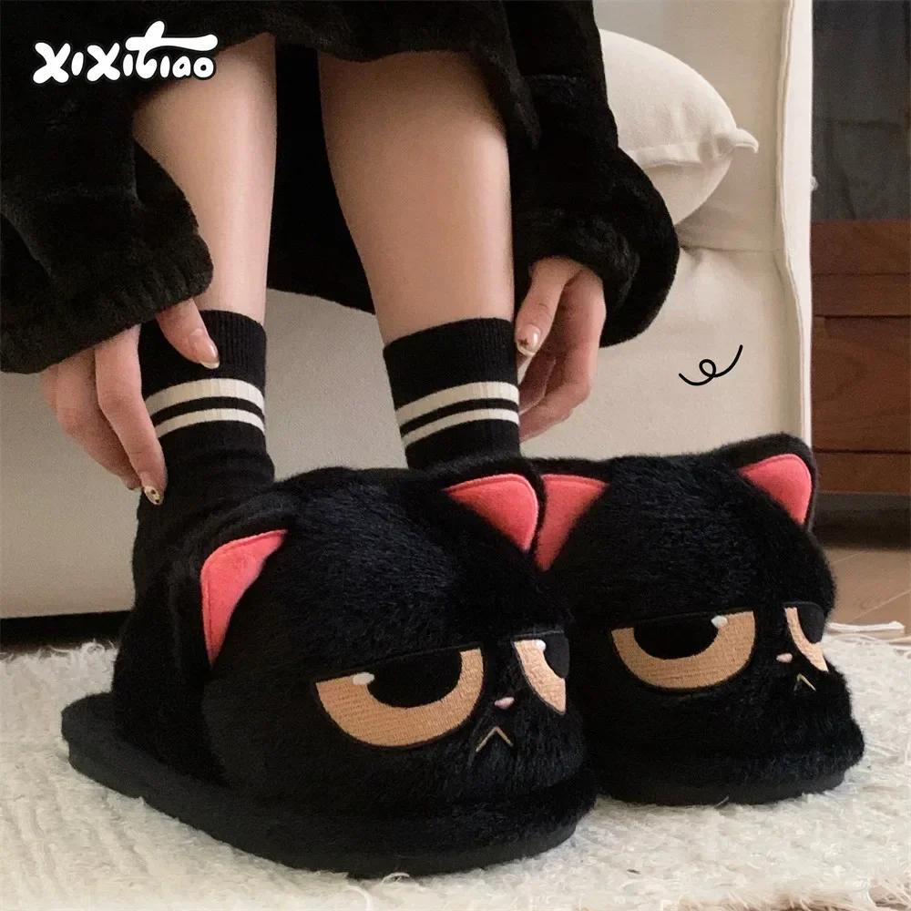 Fashion Women Fuzzy Home Slippers Winter Cartoon Cute Indoor Fluffy Slippers Non Slip Warm Cotton Shoes Couples Thick Sole Plush Slides