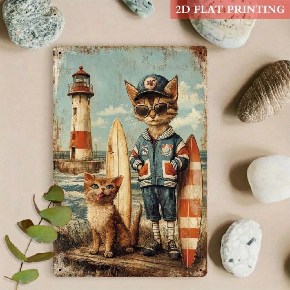 Vintage Nautical Cat Metal Wall Art, 8x12 Inch Lighthouse Iron Sign for Beach House Decor