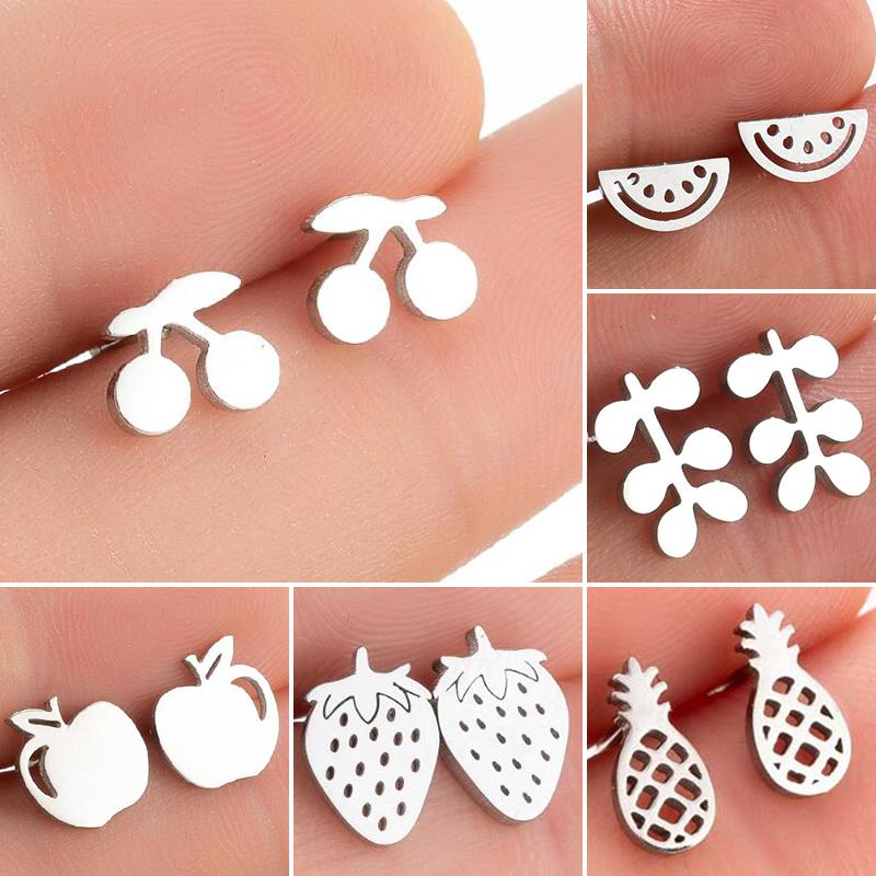 SMJEL Summer Cherry Earrings Ladies Stainless Steel Fruit Stud Earrings Small Watermelon Apple Pineapple Unique Zircon Gift