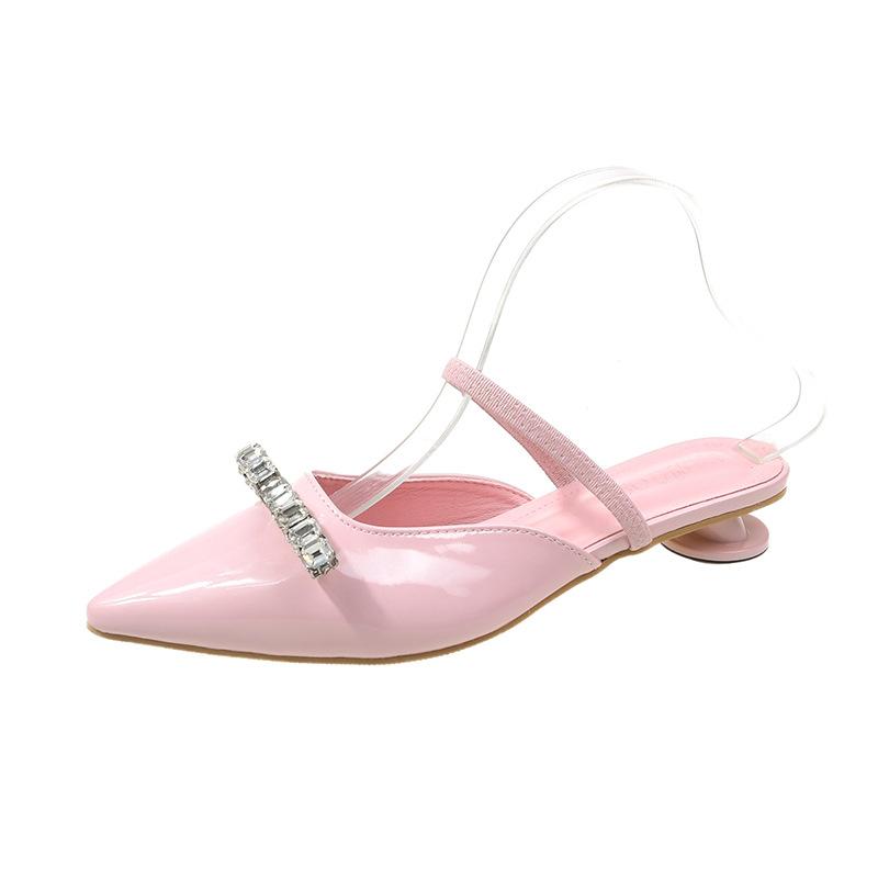 Princess powder~ Jumei patent leather pink half-bag head cool slippers, summer pointed empty high heels