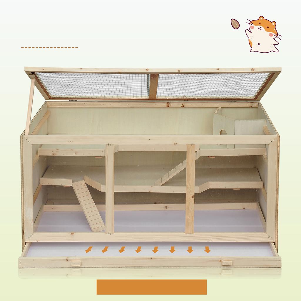 Wooden Hamster Cage, Small Animals Hutch with Tray, Openable Top, Exercise Play House Pen, 115L x 57W x 55Hcm, Natural