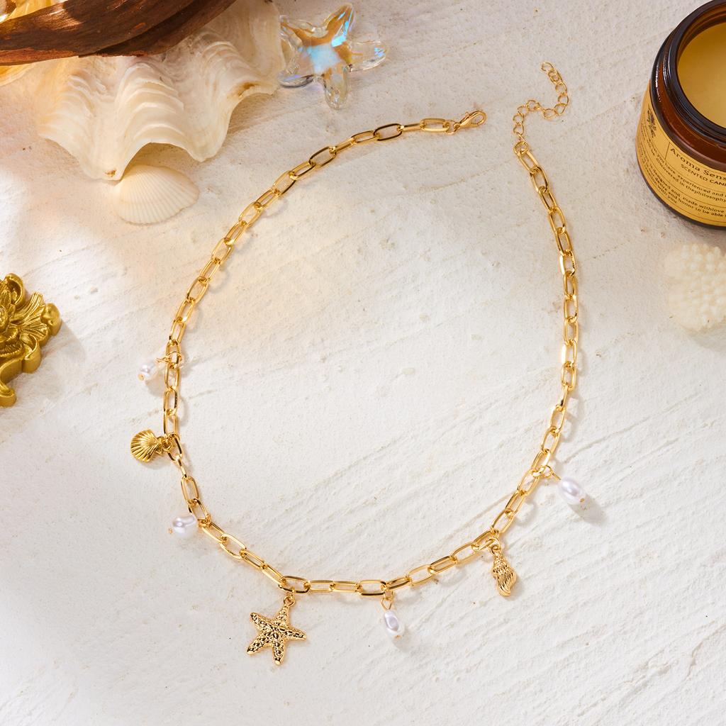 Bohemian Starfish Conch Mermaid Tail Pendant Necklace for Women Minimalist Imitation Pearl Beaded Chain Holiday Jewelry Gift