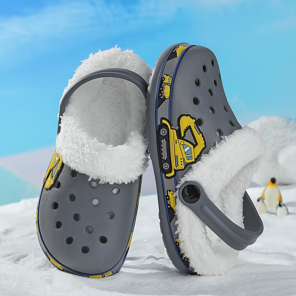 EVA pantofle s fleecovou podšívkou s kresleným designem stavebního vozidla - Teplé nazouvací zimní boty na podzim a zimu, Obuv do chladného počasí