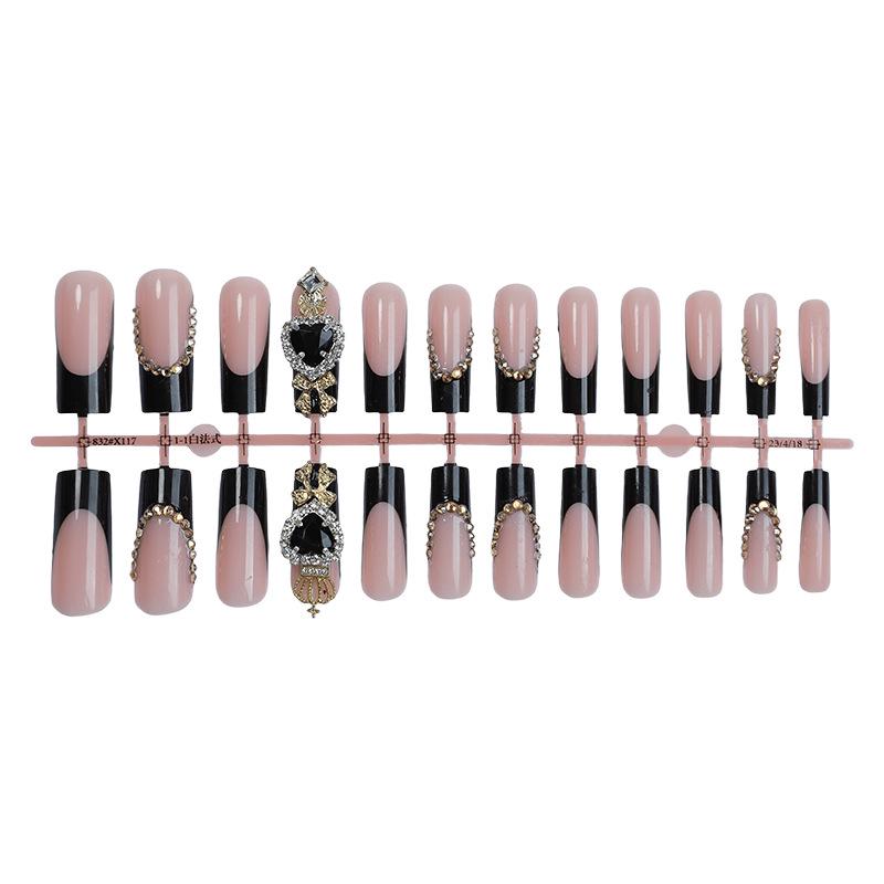 

Black Heart Bow Rhinestone French Edge Extra Long Wearable Nail Tips