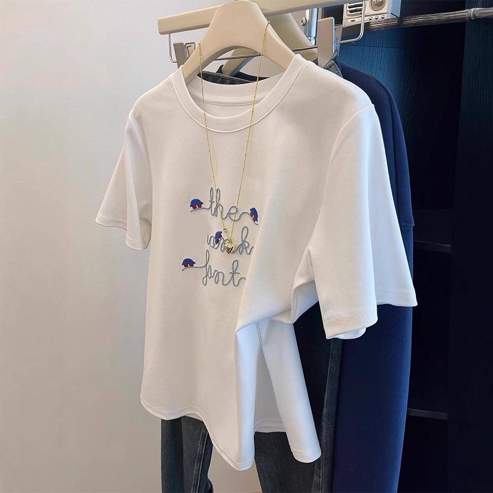 White Cotton Jacquard Letter Embroidered Crew Neck Short Sleeve Women's Summer T-shirt