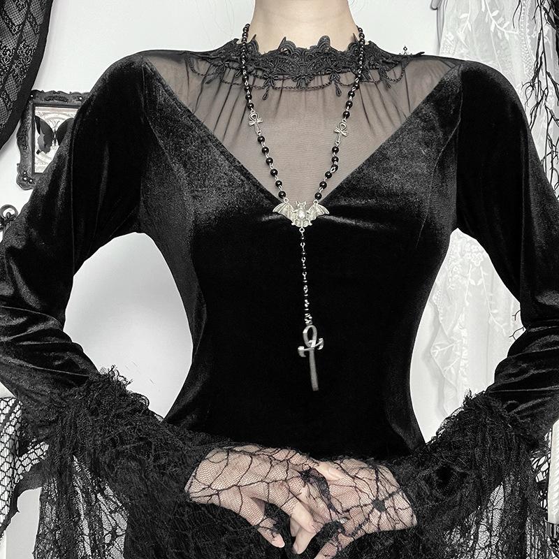 AltGoth Gothic Dark Halloween Velvet Dress Women Vintage Fairy Grunge Lace Patchwork Flare Sleeve High Waist Evening Party Dress