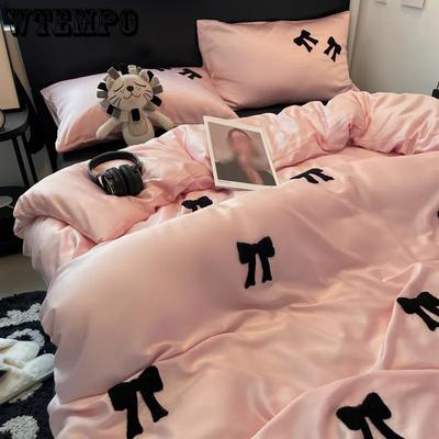 Ins Ice Silk Four-piece Set Bow Towel Embroidered Quilt Cover Solid Color Female Student Dormitory Bed Sheet Set