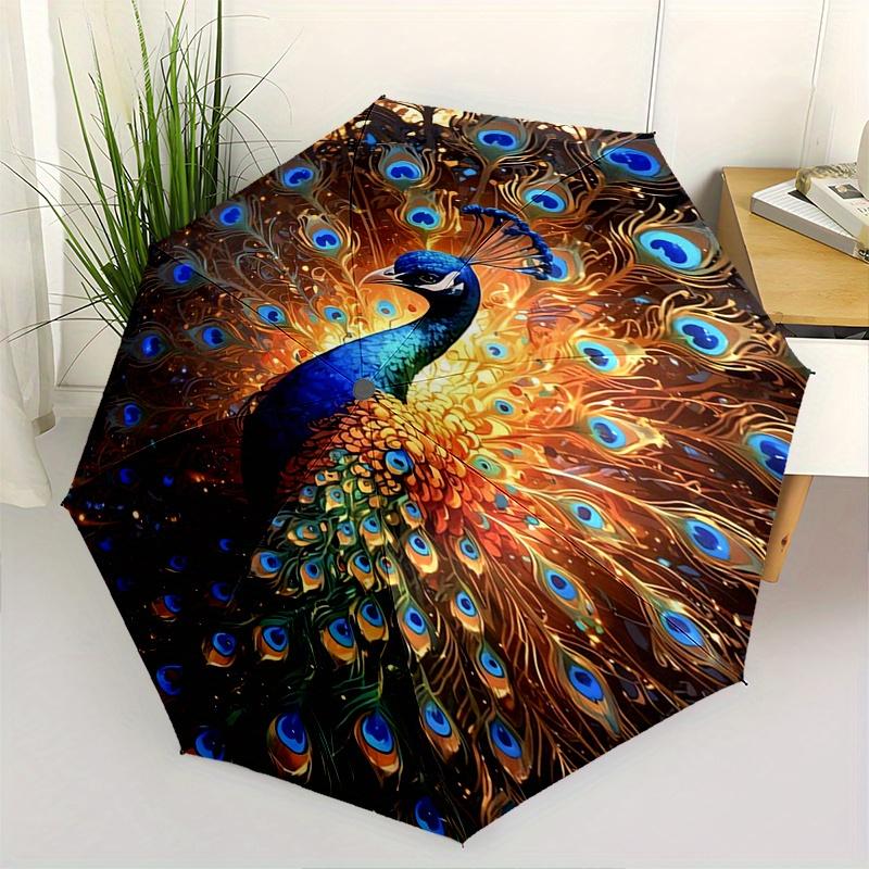 

Peacock Feathers Automatic Folding Umbrella 8 Ribs, Durable Iron Frame, Bright Color Pattern Compact Travel Umbrella, Suitable for Outdoor,
