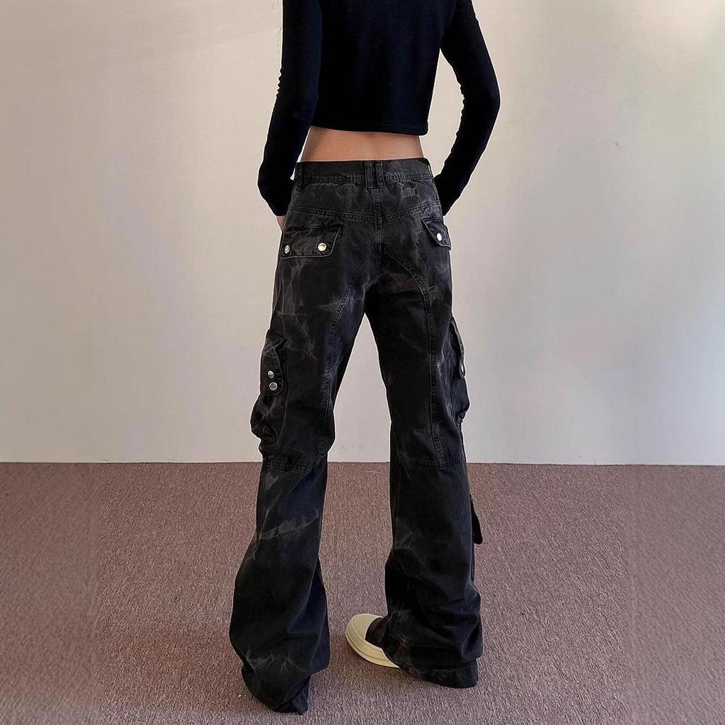 Women's Tie-Dye Distressed Cargo Pants - Versatile Straight-Leg with Slight Flare