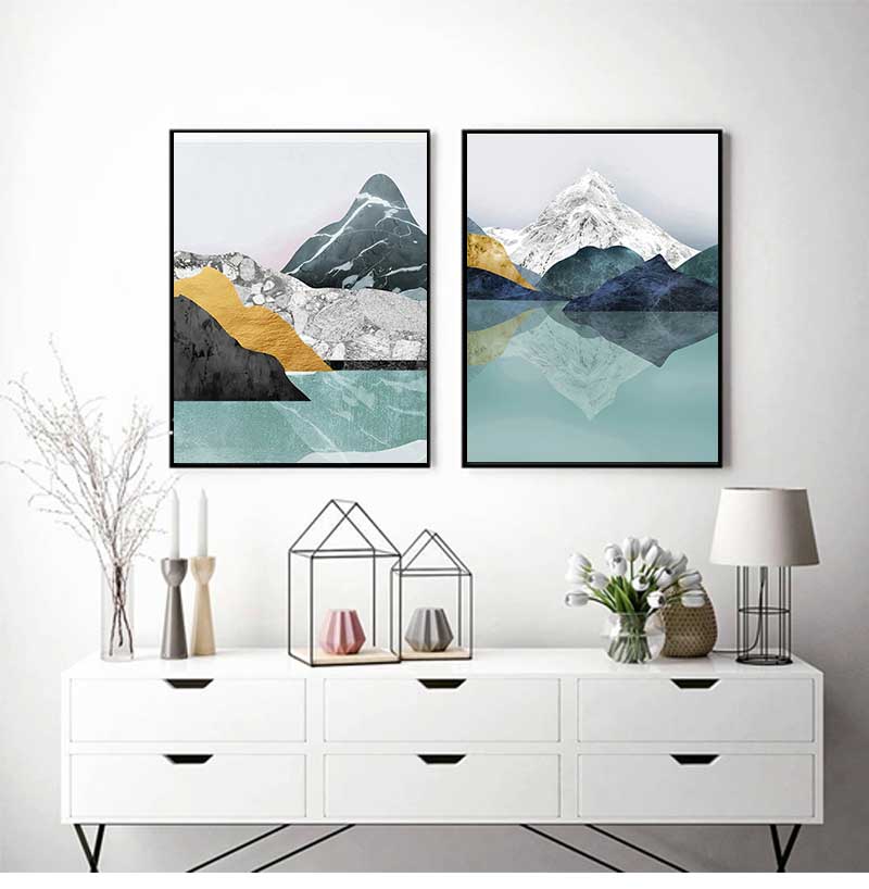 Pintura de Arte de Pared Decoración de Pasillo de Casa Pintura Abstracta en Lienzo Paisaje de Montaña Bosque Atardecer Póster Nórdico