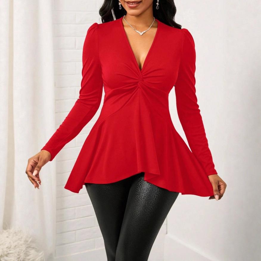 T-shirt da donna S con scollo a V, torsione, tinta unita, manica lunga, top casual