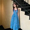 French Travel Vacation Wind Blue Suspender Dress Children's Summer New Beautiful Waist Floral Dress
