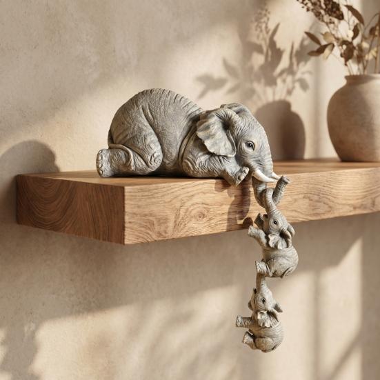Hanging Elephant Statue for Bookshelf Shelf Sitter, Mother 2 Baby Elephants On The Decorative Statues Table Edge Edge, Hand-Painted Resin Collectable