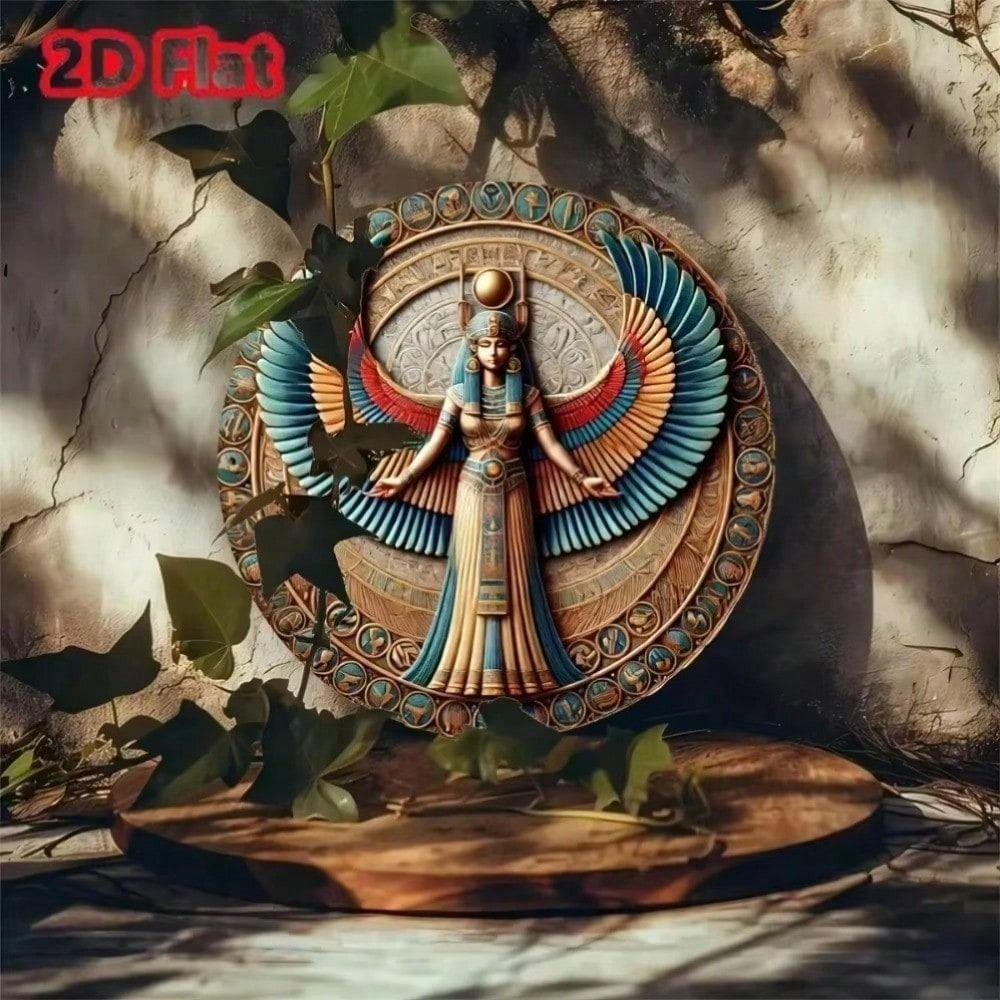 Egyptian Goddess Neith Round Metal Wall Art, Waterproof Tin Poster Home Decor