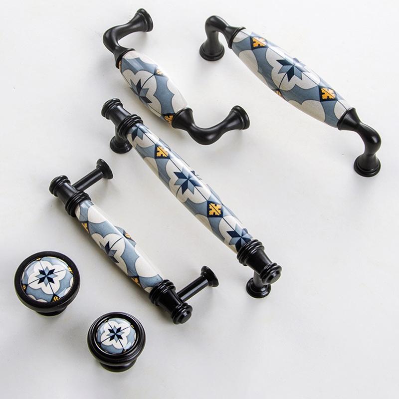 Nordic Style Blue Flower Ceramic Cabinet Pulls Non-slip Furniture Handles Knobs for Drawer Wardrobe Home Decor