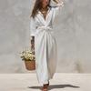 Casual Solid-color Pleated Dress Vintage Style Long Sleeve Turn Down Collar Dress Autumn New Women's Clothing