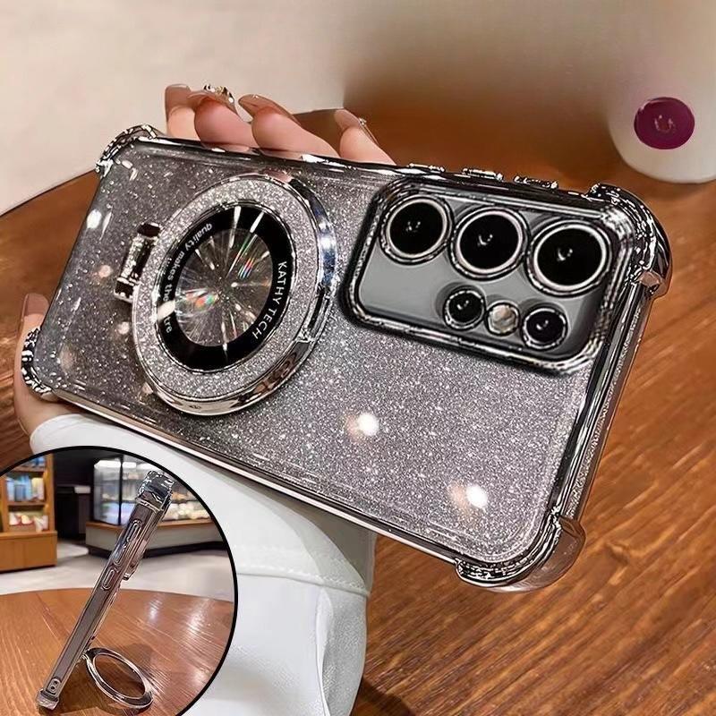 Suitable for Samsung S25ULtra Plating Flash Powder Airbag Magnetic Suction Bracket Mobile Phone Case A36 Anti Fall Full Cover Soft Shell A24