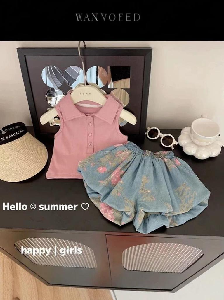 Girls' Summer Floral Denim Vest and Bloom Shorts Set