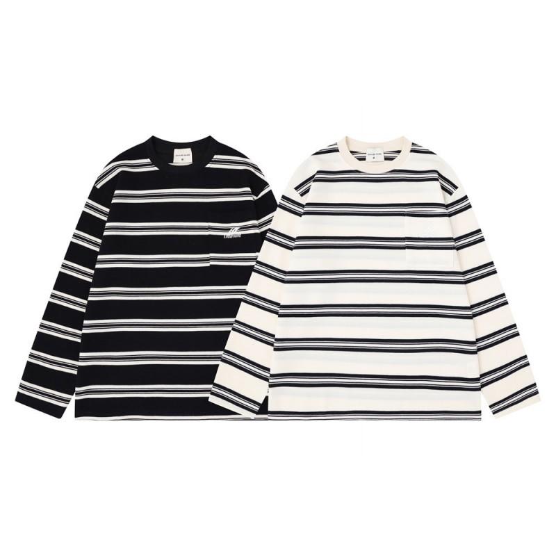 Mens Striped Color Block Long Sleeve T Shirt Loose Fit Casual Street Style