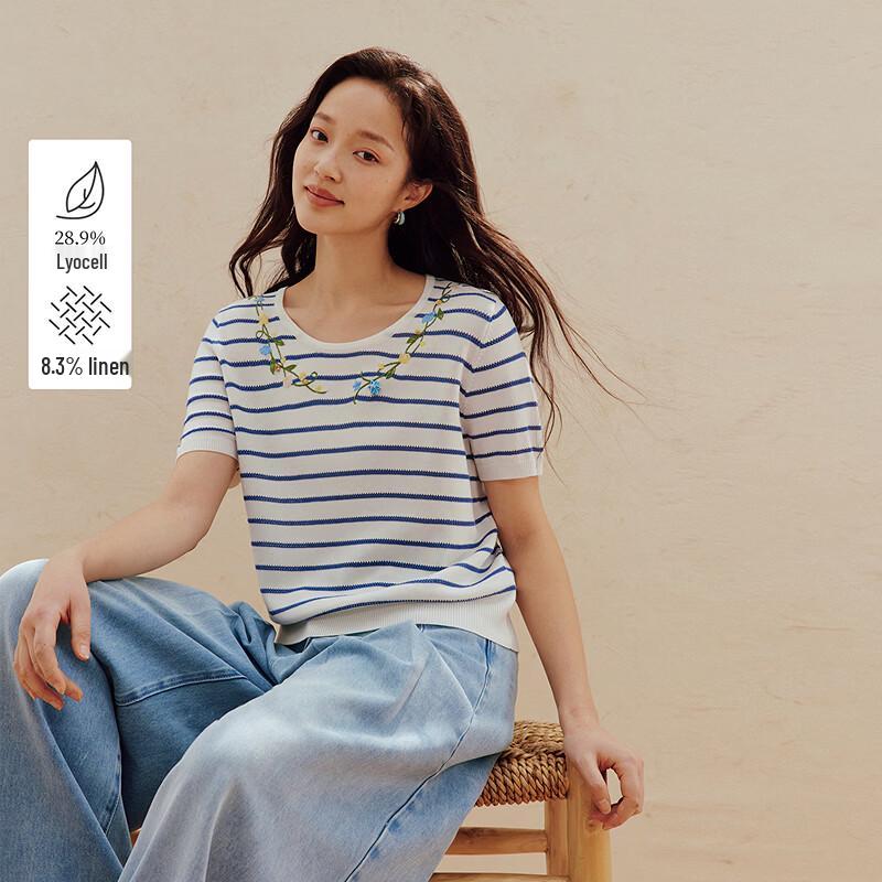 Женский вязаный топ INMAN с коротким рукавом, сине-белый, с цветочной вышивкой XL