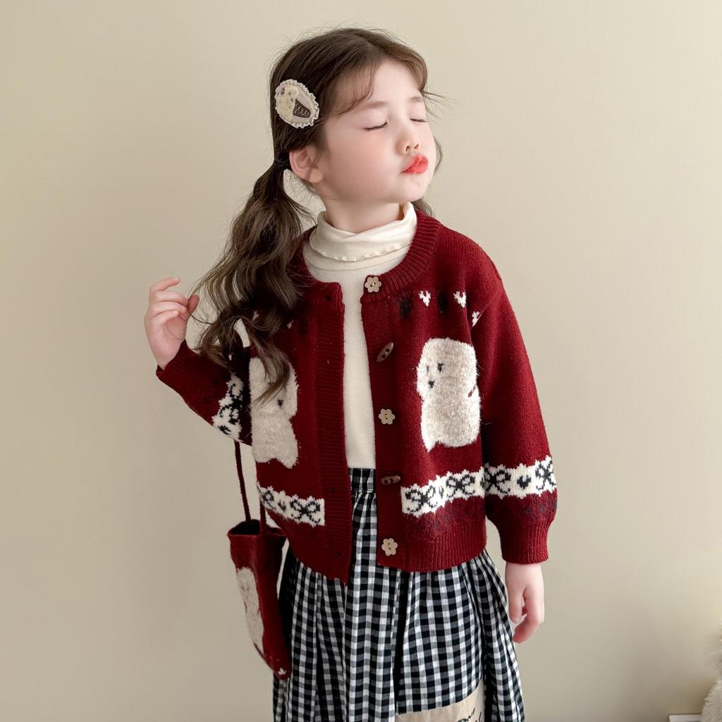 2025 Embroidered Puppy Knit Cardigan for Girls - Trendy Spring/Autumn Sweater