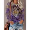 Womens Loose Fit Long Sleeve Round Neck Tee With 3D Peacock Cat Print - Milk Silk Fabric 2025 Casual Top