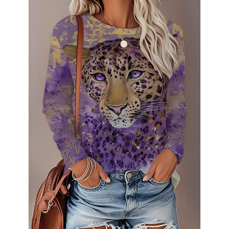 Womens Loose Fit Long Sleeve Round Neck Tee With 3D Peacock Cat Print - Milk Silk Fabric 2025 Casual Top