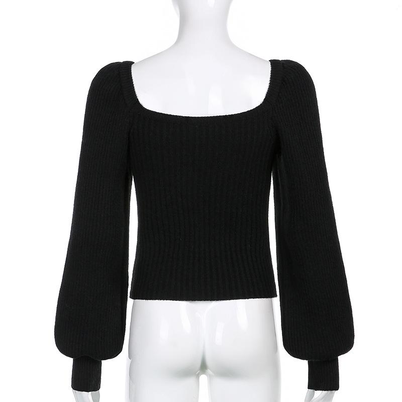 Thickened Square Neck Puff Sleeve Knit Top - Women's Slimming Waist Autumn/Winter Sweater