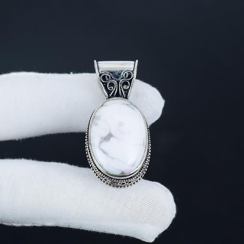 Natural Howlite Gemstone Silver Pendant In 925 Sterling Silver - Handmade Oval Design, Everyday Wear Jewelry Engagement Gift