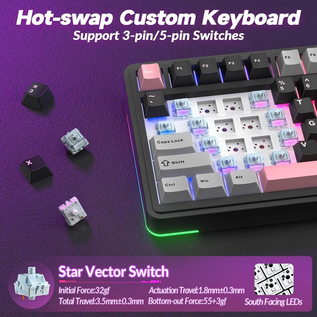 Aula Teclado Mecánico Gaming S75 Pro 75% Intercambiable en Caliente Retroiluminación RGB Batería de 4000 mAh Teclas PBT Teclado Inalámbrico con Perilla de Pantalla LED