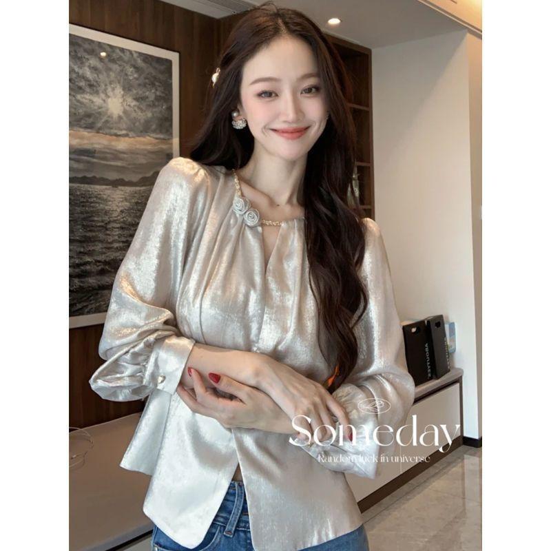 

French shirt women s 2025 early spring new design sense fashionable and chic small fragrant style thin belly cover top 3XL [Recommended 138-75kg] серебро белый