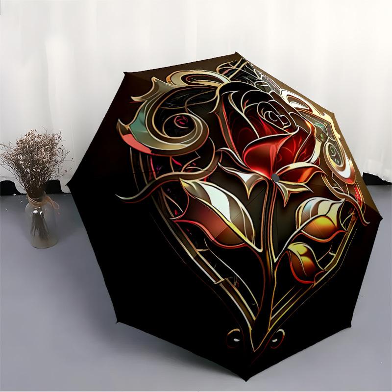 1pc Rose Ornament Automatic Folding Umbrella with 8 Bones, 3-Fold Compact Umbrella, Compact Design On-the-Go Essential, Casual Outdoor Acces
