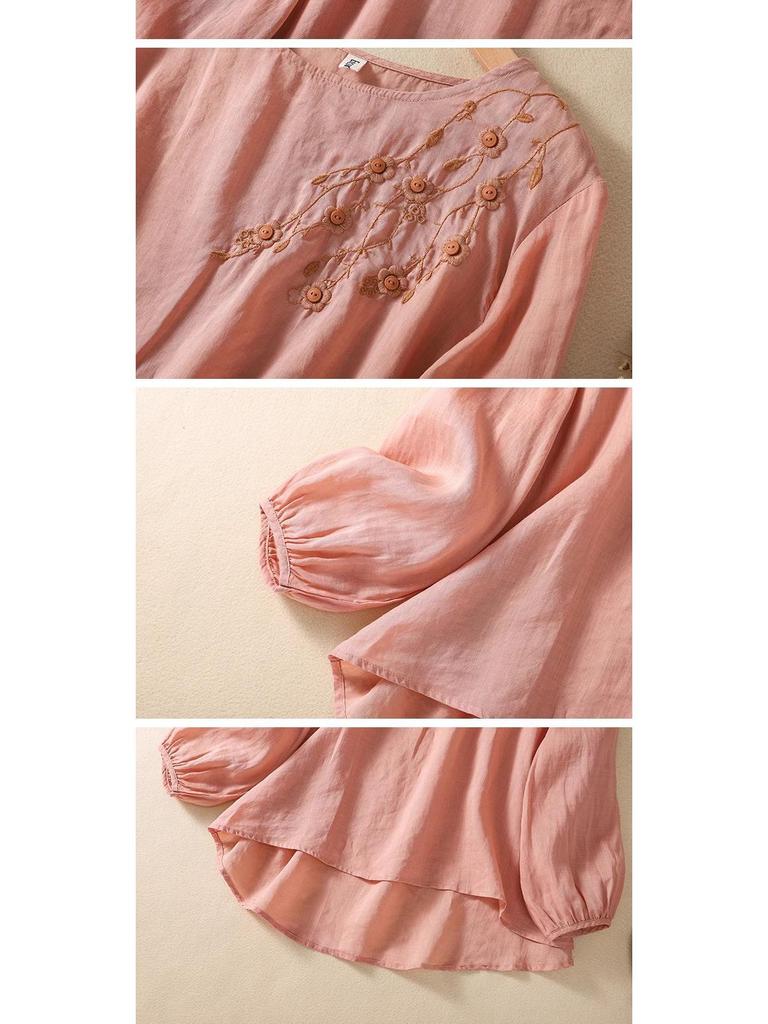 Dam 2024 Bomull-Linne Broderad Långärmad Retro Skjorta i Kinesisk Stil för Våren