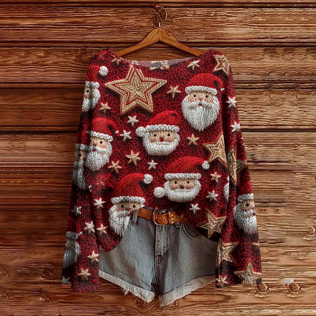 Women's Christmas Print Lightweight Sweater Casual Long Sleeve Knitted Pullover