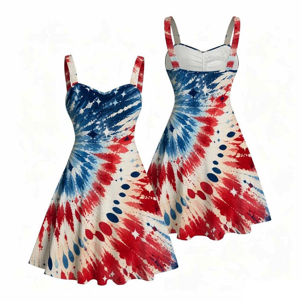 Women Plus Size Spaghetti Strap Off Shoulder Dress Swirl Tie Dye Star Patriotic Print Swing Dress