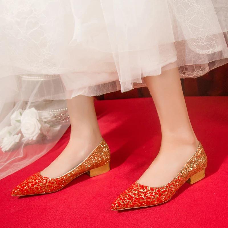 Fashion Sexy  Shiny Sequin Pumps Women 2024 New Pointed Toe Low Heels Wedding Party Shoes Woman Slip-on Bling Glitter Bride Shoes