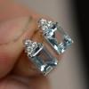 Emerald Cut Light Blue Center Stone with Top Cluster Accent Stud Earrings Women Elegant Ear Jewelry